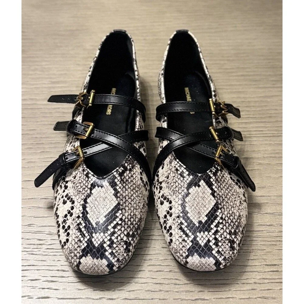 MICHAEL KORS Indy Snake Embossed Leather Ballet Flat In Animal Print. Size 7.5
